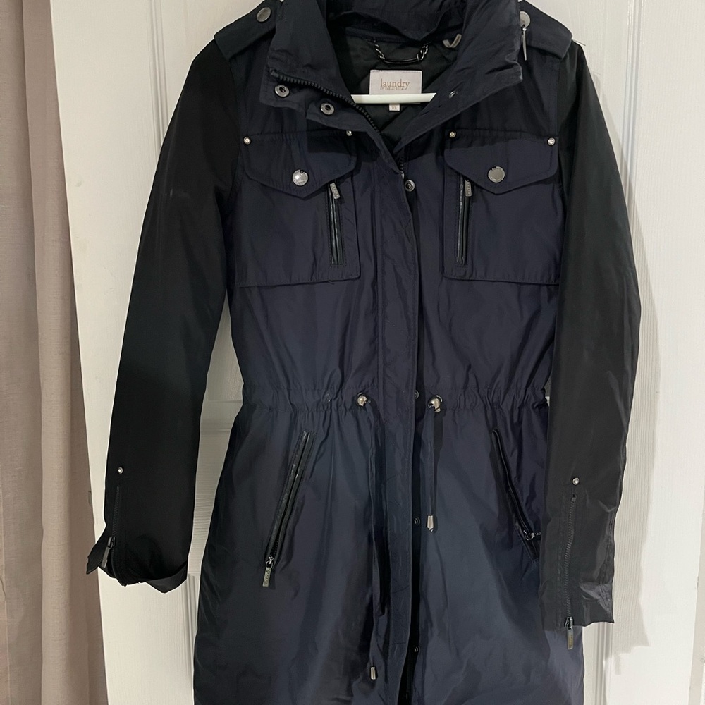 Laundry Shelli Segal tie waist coat jacket trench navy & black XS 0 - Fabulous!